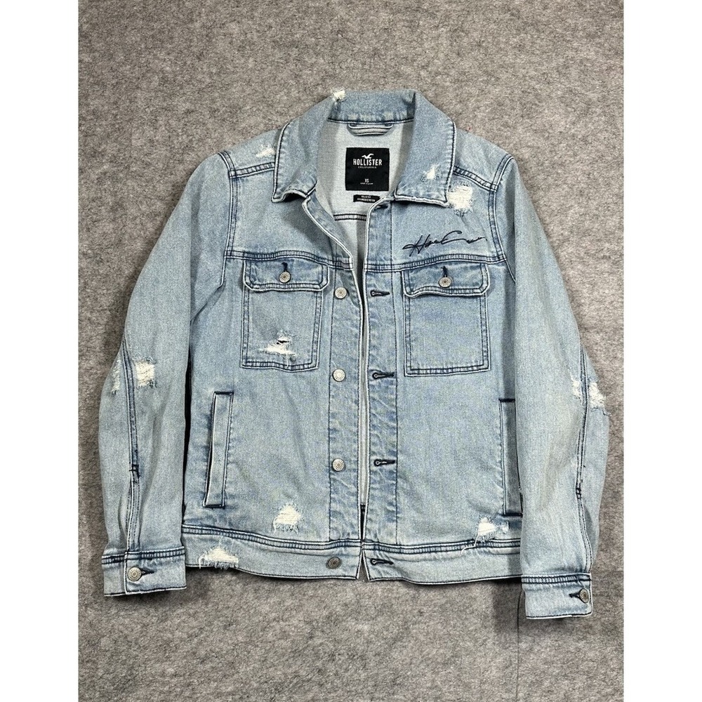 Hollister Men's Denim Jean Jacket XS Advanced Stretch Fit Light Wash Distressed